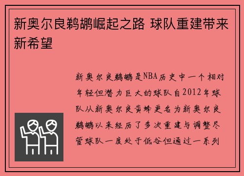 新奥尔良鹈鹕崛起之路 球队重建带来新希望