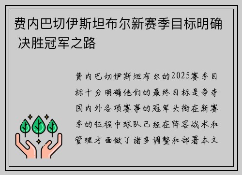 费内巴切伊斯坦布尔新赛季目标明确 决胜冠军之路