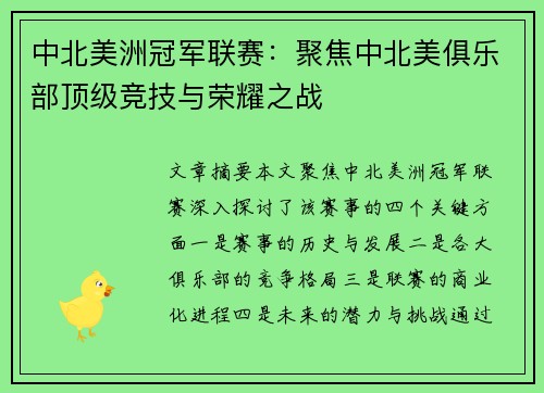 中北美洲冠军联赛：聚焦中北美俱乐部顶级竞技与荣耀之战