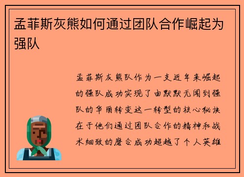 孟菲斯灰熊如何通过团队合作崛起为强队